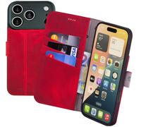 Suncase Étui de protection original style livre compatible avec iPhone 18 Pro - En cuir véritable - Étui portefeuille avec 3 compartiments pour cartes - Rouge vieilli