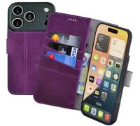 Suncase Étui de protection original style livre compatible avec iPhone 18 Pro - En cuir véritable - Étui portefeuille avec 3 compartiments pour cartes - Violet vieilli