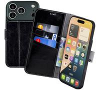 Suncase Étui de protection original style livre compatible avec iPhone 18 Pro - En cuir véritable - Étui portefeuille avec 3 compartiments pour cartes - Noir