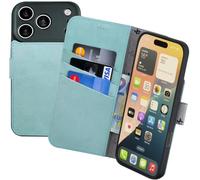 Suncase Étui de protection original style livre compatible avec iPhone 18 Pro Max - En cuir véritable - Étui portefeuille avec 3 compartiments pour cartes - Turquoise antique