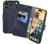Suncase Étui de protection original style livre compatible avec iPhone 18 Pro Max - En cuir véritable - Étui portefeuille avec 3 compartiments pour cartes - Bleu galet