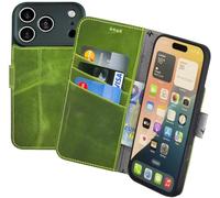 Suncase Étui de protection original style livre compatible avec iPhone 18 Pro Max - En cuir véritable - Étui portefeuille avec 3 compartiments pour cartes - Vert kiwi antique