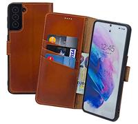 Suncase Étui de protection original style livre compatible avec Samsung Galaxy A57 5G - En cuir véritable - Avec 3 compartiments pour cartes - Cognac brûlé