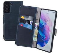 Suncase Étui de protection original style livre compatible avec Samsung Galaxy A57 5G - En cuir véritable - Avec 3 compartiments pour cartes - Bleu galet