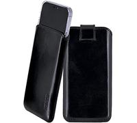 Suncase Étui en cuir avec étui supplémentaire pour téléphone portable avec languette d'extraction et fermeture magnétique, noir, compatible avec iPhone 17