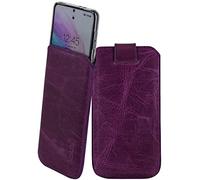 Suncase Étui en cuir véritable compatible avec Emporia SMART.7 lite - Dimensions intérieures : environ 154 x 79 x 10 mm (compatible uniquement avec le silicone/l'étui/le pare-choc) - Violet antique