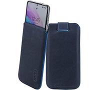 Suncase Étui en cuir véritable compatible avec Emporia SMART.7 lite - Dimensions intérieures : environ 154 x 79 x 10 mm (compatible uniquement avec la silicone/l'étui/le pare-choc) - Bleu galet