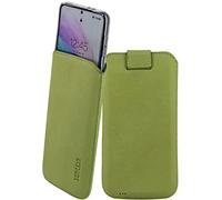 Suncase Étui en cuir véritable compatible avec SPC Zeus 2. Dimensions intérieures : environ 153 x 78 x 10 mm (compatible uniquement avec le silicone/case/pare-choc), vert kiwi antique