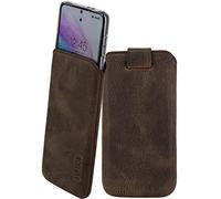 Suncase Étui en cuir véritable compatible avec Volla Phone Quintus - Dimensions intérieures : environ 166 x 81 x 12 mm (compatible uniquement avec silicone/case/pare-choc) - Marron foncé antique