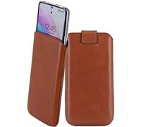 Suncase Étui en cuir véritable compatible avec Volla Phone Quintus - Dimensions intérieures : environ 166 x 81 x 12 mm (convient uniquement avec silicone/case/pare-choc), marron moka