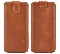 Suncase Étui en cuir véritable - Édition fine - Compatible avec Emporia SMART.ME7 (avec languette d'extraction et fermeture magnétique) - Cognac
