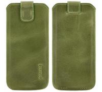 Suncase Étui en cuir véritable « Slim Edition » compatible avec Emporia SMART.ME7 (avec languette d'extraction et fermeture magnétique) Vert kiwi antique