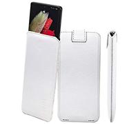 Suncase Étui en cuir véritable « Slim Edition » compatible avec Huawei Mate X7 (avec languette d'extraction et fermeture magnétique) - Blanc pleine fleur