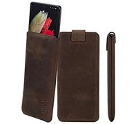 Suncase Étui en cuir véritable « Slim Edition » compatible avec Volla Phone Quintus (avec languette d'extraction et fermeture magnétique) marron foncé antique