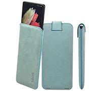 Suncase Étui en cuir véritable « Slim Edition » compatible avec Volla Phone Quintus (avec languette d'extraction et fermeture magnétique) turquoise antique
