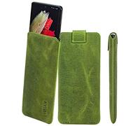 Suncase Étui en cuir véritable « Slim Edition » compatible avec Volla Phone Quintus (avec languette d'extraction et fermeture magnétique) Vert kiwi, antique