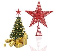 SUNCHE Topper Étoile de Sapin de Noël, Décoration de Noël Étoiles Topper, Étoile en Métal Scintillante, 20 cm Star Treetop, Étoile de Sapin de Noël à 5 Branches, Ornement pour Fête, Maison, Rouge