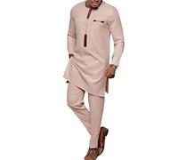 Suncolour Ensemble Africain Dashiki 2 pièces, Tenues de Combinaison Traditionnelles à Manches Longues Ethniques pour Hommes, Rose, M