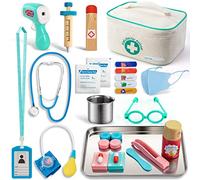 Sundaymot Malette Docteur Enfant Jouet, Medecin Outils avec Stéthoscope, Thermomètre, Seringue Infrarouge et d’Autres Accessoires en Bois, Jeu d'imitation Cadeau pour Fille Garçon Enfant 3 4 5 Ans