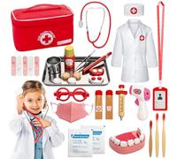 Sundaymot Malette Docteur Enfant Médecin Jouet Bois avec stéthoscope véritable, thermomètre, Mallette de Dentiste, Blouse de Docteur, Cadeau médical de Jeu de rôle Rouge pour Filles garçons 3 4 Ans