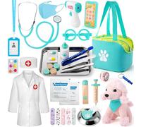Sundaymot Malette Docteur Enfant, Veterinaire Enfant avec Peluche Chien, véritable stéthoscope, thermomètre, Blouse de médecin et Sac de médecin Portable, Adapté Jouet Éducatif 3 Ans et Plus
