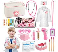 Sundaymot Mallette Docteur Enfant Jouet - 32Pièces Kit du Docteur Médicale Jouet avec Stéthoscope, Jeu d'imitation Cadeau pour Fille Garçon Enfant 3 4 5 6 7 Ans, Rose