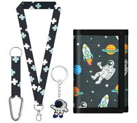 sundee Portefeuille coloré à trois volets pour garçons et filles, avec cordon tour de cou et porte-clés assorti, cadeau d'anniversaire idéal pour les enfants, idéal pour l'école et les sorties, Noir