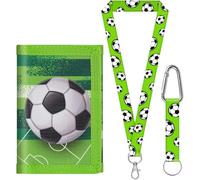 sundee Portefeuille de football pour enfants de 3 à 18 ans, portefeuille en toile à trois volets avec cordon tour de cou/poignet, porte-cartes et poche pour pièces de monnaie, Vert F, S, Contemporain