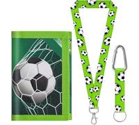 sundee Portefeuille de football pour enfants de 3 à 18 ans, portefeuille en toile à trois volets avec cordon tour de cou/poignet, porte-cartes et poche pour pièces de monnaie, vert a, S, Contemporain