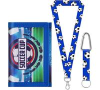 sundee Portefeuille de football pour enfants de 3 à 18 ans, portefeuille en toile à trois volets avec cordon tour de cou/poignet, porte-cartes et poche pour pièces de monnaie, Bleu E, S, Contemporain