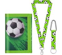 sundee Portefeuille de football pour enfants de 3 à 18 ans, portefeuille en toile à trois volets avec cordon tour de cou/poignet, porte-cartes et poche pour pièces de monnaie, Vert D., S, Contemporain