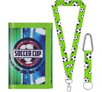 sundee Portefeuille de football pour enfants de 3 à 18 ans, portefeuille en toile à trois volets avec cordon tour de cou/poignet, porte-cartes et poche pour pièces de monnaie, Vert E, S, Contemporain