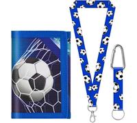 sundee Portefeuille de football pour enfants de 3 à 18 ans, portefeuille en toile à trois volets avec cordon tour de cou/poignet, porte-cartes et poche pour pièces de monnaie, Bleu A, S, Contemporain