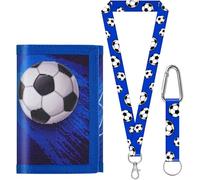 sundee Portefeuille de football pour enfants de 3 à 18 ans, portefeuille en toile à trois volets avec cordon tour de cou/poignet, porte-cartes et poche pour pièces de monnaie, Bleu D., S, Contemporain