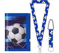 sundee Portefeuille de football pour enfants de 3 à 18 ans, portefeuille en toile à trois volets avec cordon tour de cou/poignet, porte-cartes et poche pour pièces de monnaie, Bleu F, S, Contemporain