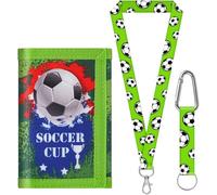 sundee Portefeuille de football pour enfants de 3 à 18 ans, portefeuille en toile à trois volets avec cordon tour de cou/poignet, porte-cartes et poche pour pièces de monnaie, Vert C., S, Contemporain