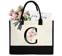 sundee Sac de plage personnalisé en toile, sac fourre-tout en toile avec poche intérieure zippée, sac fourre-tout monogrammé pour mariage, anniversaire, vacances, Lettre C noire, One Size