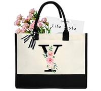 sundee Sac de plage personnalisé en toile, sac fourre-tout en toile avec poche intérieure zippée, sac fourre-tout monogrammé pour mariage, anniversaire, vacances, Lettre Y noire, One Size