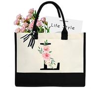 sundee Sac de plage personnalisé en toile, sac fourre-tout en toile avec poche intérieure zippée, sac fourre-tout monogrammé pour mariage, anniversaire, vacances, Lettre L noire, One Size