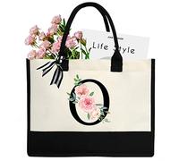sundee Sac de plage personnalisé en toile, sac fourre-tout en toile avec poche intérieure zippée, sac fourre-tout monogrammé pour mariage, anniversaire, vacances, Lettre O noire, One Size