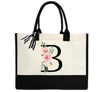 sundee Sac de plage personnalisé en toile, sac fourre-tout en toile avec poche intérieure zippée, sac fourre-tout monogrammé pour mariage, anniversaire, vacances, Lettre B noire, One Size