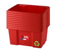 SUNDIS Bac de rangement plastique 30L, x10, rouge, L.46,5xl.36,5x H23cm | Empilable et superposable, multiusage, idéal pour l'atelier, le transport, le garage, le bricolage, le jardinage