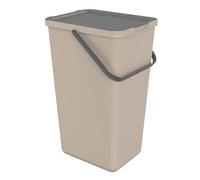 SUNDIS Loops, poubelle de tri sélectif d’intérieur 32L, rectangulaire, en plastique recyclé taupe, avec couvercle, poignée, anse et stickers, pour cuisine, cantine, restaurant, salle de pause