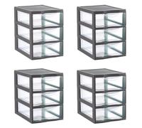 SUNDIS Orgamix, lot de 4 tours de rangement en plastique gris, 3 tiroirs transparents format A5, hauteur 25,5 cm, superposable, idéale rangement cosmétiques, bijoux, accessoires, fournitures