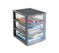 SUNDIS Orgamix, petite tour de rangement en plastique gris, 3 tiroirs transparents format A5, hauteur 25,5 cm, superposable, idéale rangement cosmétiques, bijoux, accessoires, fournitures