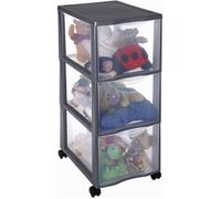 SUNDIS Orgamix, Tour de rangement en plastique gris avec roues, 3 grands tiroirs transparents A4, Hauteur 63,5 cm, pour bureau