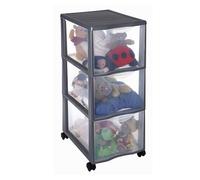SUNDIS Orgamix, tour de rangement plastique, 3 tiroirs transparents, roues | Format papier A4, hauteur 63,5 cm, idéale rangement bureau, cours, documents, fournitures, accessoires