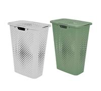 SUNDIS Pixel, lot de 2 paniers à linge 40l, en plastique recy lanc cassé et vert sauge, idéals pour les petits espaces, 2 poignées latérales et 1 poignée au-dessous, aération sur les 4 côtés