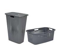 SUNDIS Pixel, lot panier à linge sale 40l slim + panier à linge 40l en plastique recyclé, gris, poignées latérales et aération sur les côtés