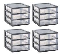 SUNDIS Tag Tower, lot de 4 tours de rangement en plastique gris, 3 tiroirs transparents format A6, hauteur 17 cm, superposable, idéale rangement cosmétiques, bijoux, accessoires, fournitures